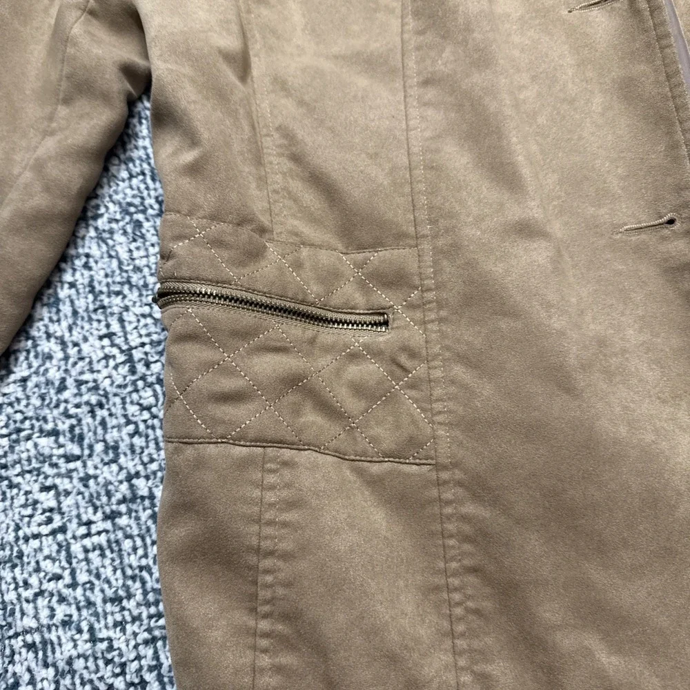 Tanjay Faux Suede Jacket Size 16 Tan Camel Quilted Shoulder Blazer Button Front